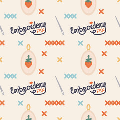 Tools and objects for sewing, embroidery and cross stitching on pastel background. Seamless pattern, backdrop, texture for textile, design, decoration, wrapping paper and scrapbooking. Vector