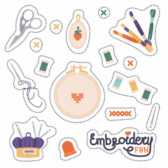 Hand drawn vector stickers set with sewing and embroidery tools and objects. Threads, pins, needles, scissors, wool, needle box. Handmade workshop concept for studio, school or shop. Vector