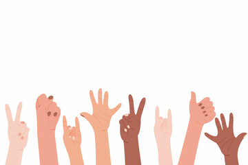 Multiracial hands raised up in a gesture of protest. Concept of cooperation, togetherness, activist and demonstration. Vector illustration