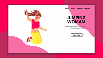 Jumping Woman Celebrate Success Achieve Vector. Happy Jumping Woman Celebrating Victory In Game Or On Festival Party. Character With Positive Emotion Web Flat Cartoon Illustration