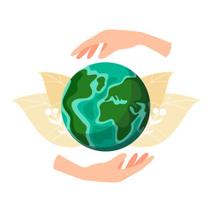 The planet earth is in the hands of man. World peace. Vector illustration.
