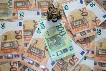 Euro banknotes and frog statute feng shui