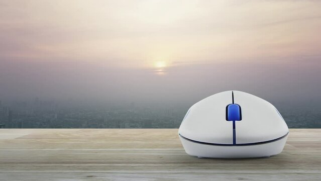 Cross shape with shield flat icon with wireless computer mouse on wooden table over modern city tower and skyscraper at sunset sky, vintage style, Business healthy and medical care insurance online co