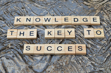 knowledge the key to success text on wooden square, business quotes