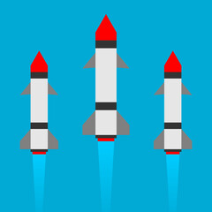 Missile rocket warhead launch frying with blue sky background in war flat vector design.