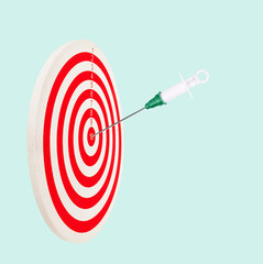 Target with vaccine syringe hit in center. Bullseye medical prevention goal concept. Success with...