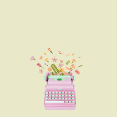 Typewriter keys keytops old style making lovely words of flowers. Creative literature poetry or nice words concept. Trendy pastel colors