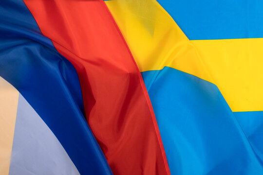 Close-up on ukrain and russian flag