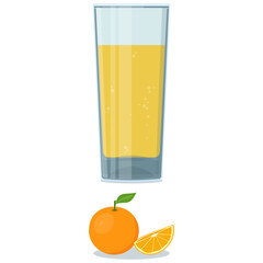 Glass with fresh orange juice, whole and sliced orange. Vector illustration.