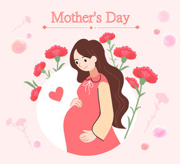 Pregnant woman, cartoon character in flat style. Beauty waiting for baby. Mother's Day card full of flowers