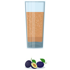 A glass of fresh plum juice, whole plums and a plum half with a pit. Vector illustration.
