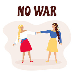 Beautiful Ukraine girl and Russian girl holding hands. No war text. Friendship of peoples, peace world concept.