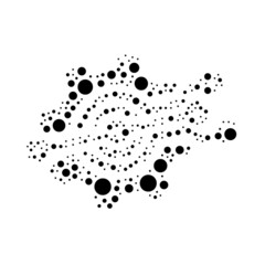A large digital tech symbol in the center made in pointillism style. The center symbol is filled with black circles of various sizes. Vector illustration on white background