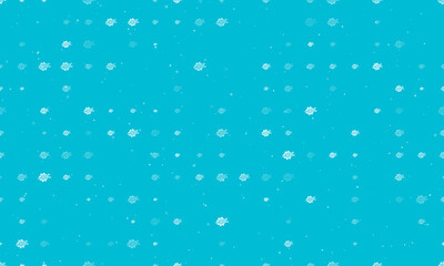 Seamless background pattern of evenly spaced white digital tech symbols of different sizes and opacity. Vector illustration on cyan background with stars