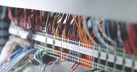 close up on multi colored electric wires and cables on electrical terminal blocks, power distribution wiring main panel, industrial concept background. - 489538764
