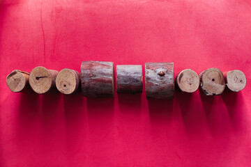 Conceptual image, with pieces of tree trunk arranged in positions that simulate dots and dashes of...