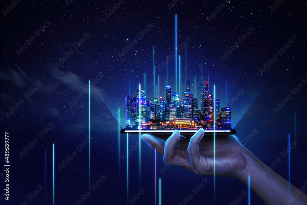 Wall mural modern cityscape and communication network concept. (internet of things). ict (information communica