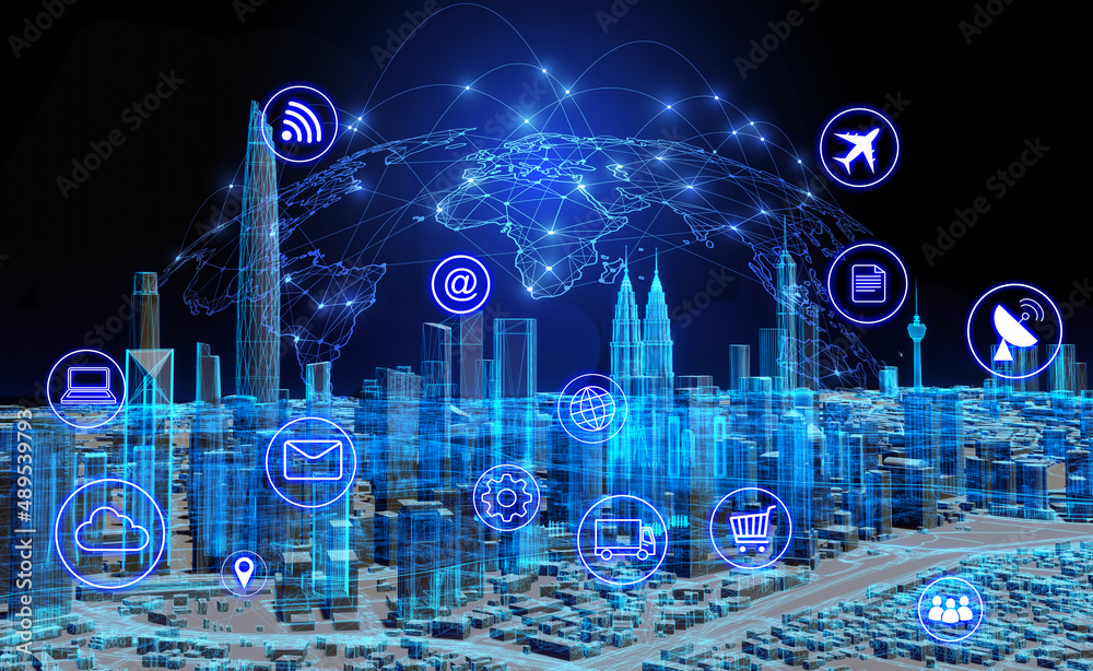 Poster abstract internet of things concept city 5g.iot internet of things communication network innovation 