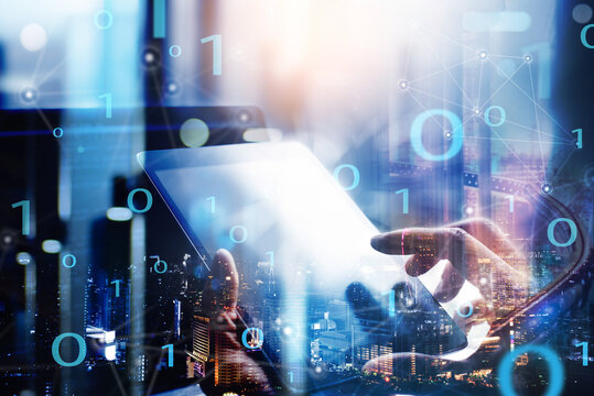Digital software technology development and big data concept, Man programmer using digital tablet and laptop computer with binary code