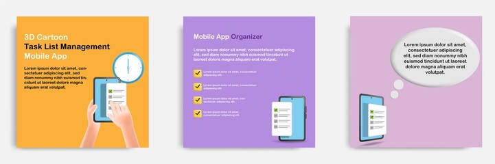 Social media informative task organizer app post banner template design in 3D cartoon style with hand holding smart phone monitoring project progress