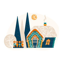 Shrovetide. Maslenitsa. Komoeditsa. Spring Festival. Pancake week. Slavic rite. A beautiful country house, carved windows and doors, painted with ornaments.Ornament on the walls and roof of the house.