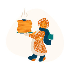 Shrovetide. Maslenitsa. Komoeditsa. Spring Festival. Pancake week. Slavic rite. A girl in a national costume carries a plate of pancakes. Spring is coming. Ornament. Vector illustration.