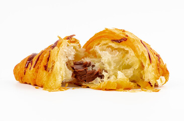Broken croissant on white background. delicious croissant with chocolate  on a white background. Croissant with  chocolate topping.  