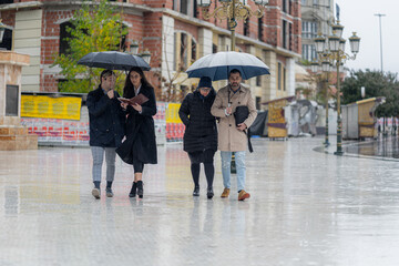 Walking on the rain together while talking