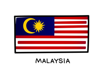 Flag of Malaysia. Colorful Malaysian flag logo. Blue, red and white hand-drawn brush strokes. Black outline.