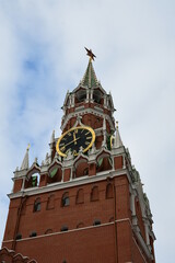 View of the Spasskaya Tower of the Moscow Kremlin. Clock tower. February 11, 2022, Moscow, Russia.