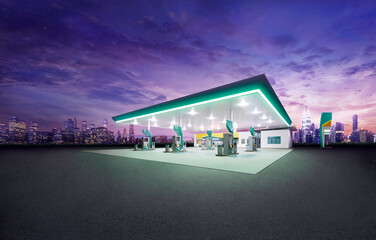 Fototapeta na wymiar Petrol gas station at night with city building