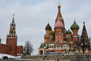 Panoramic view of the Spasskaya Tower of the Moscow Kremlin and St. Basil's Cathedral. February 11, 2022, Moscow, Russia.