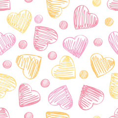 Seamless background with hearts in pink and yellow colors.