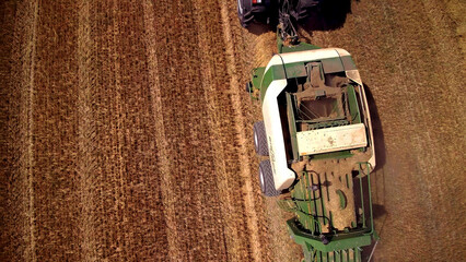 Aerial view of hay making harvester agricultural machine harvest, wheat fields harvesting.