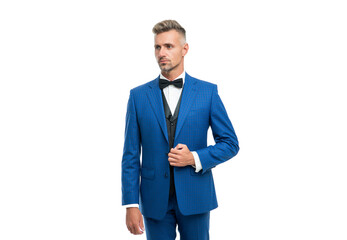 mature man in bow tie blue suit. businessman isolated on white. gentleman in formal wear