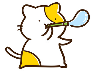シャボン玉を膨らませるかわいいねこの手書き風イラスト