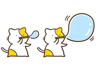 シャボン玉を膨らませるかわいいねこの手書き風イラストセット