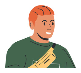 Man with Belt Bag Isolated. Stylish Guy with Fanny Pack. Male Character in Trendy Casual Clothes. Trend Belly Pack or Bumbag. Cartoon Flat Vector Illustration