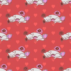 Sleeping cats among flowers vector repeat seamless pattern