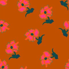 Bright pink flowers on an orange background vector repeat pattern