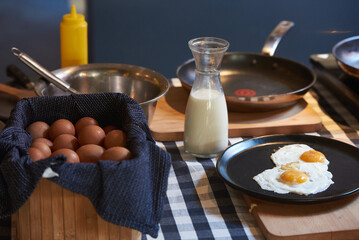 Fried eggs, milk, frying pan, kitchen table