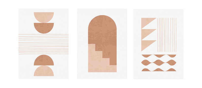 Bohemian minimal tree posters set with abstract organic shapes, geometric elements, lines and stairs vector illustration. Abstraction design for background, wallpaper, card, wall art