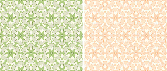 Floral geometric pattern, shades of green and soft orange. Seamless vector background