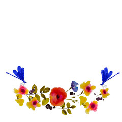 Card with flowers and leaves, watercolor colorful illustration isolated on white background, floral frame for your greeting or invitation, banner, poster or cover, wildlife garden. 