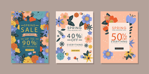 Set of Spring sale background banner poster with beautiful colorful flower. Suitable for social media posts, mobile apps, cards, invitations, banners design and web/internet ads. Vector illustration.