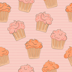 creamy cupcake, seamless pattern with cartoon hand drawn muffins.