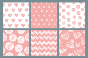 Set of seamless patterns with hearts, stripes, zigzag and polka dots in pink colors. Great for fabric, baby, Valentine's Day, scrapbook, surface textures.	