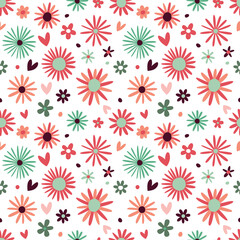 Seamless pattern with floral elements and hearts. Background in red, orange and brown colors.