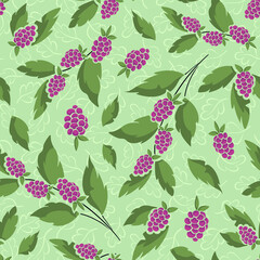Vector seamless berry pattern with raspberries on foliate twigs on light green background; perfect for wrapping paper, packaging, invitations, cards and other design.