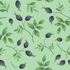 Vector seamless pattern with black rose hip berries on foliate twigs on light green background; perfect for wrapping paper, packaging, invitations, cards and other design. - 489548905